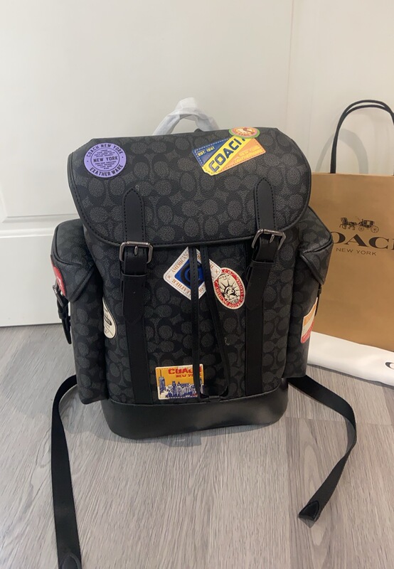 Coach Men's Flap Backpack Travel Bag Hitch Classic Black Floral Extra Large Capacity Business Laptop Bag