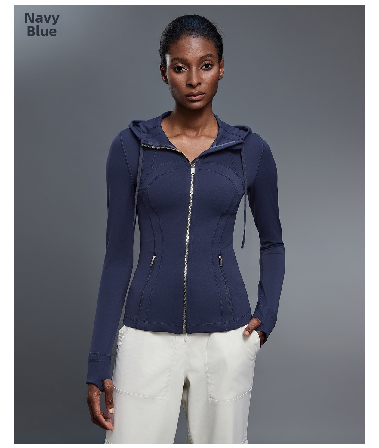 Giacca sportiva donna per yoga e running con cappuccio e collo_voghion.com