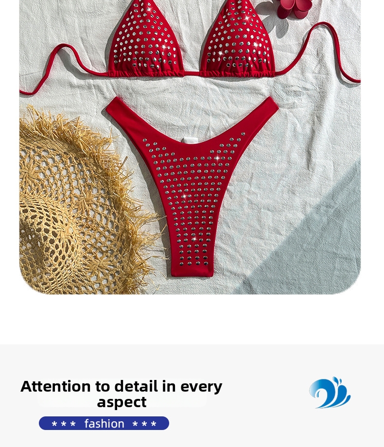 Women's Clothing Women's Sexy Rhinestone Bikini Two Piece Solid Color Strappy Swimsuit Style For Beach Vacation_ecoleips.com