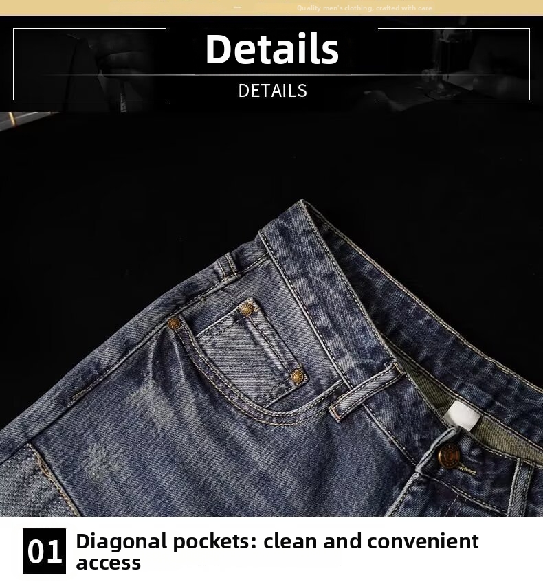 Men's Loose Straight Leg Patchwork Jeans Retro Distressed Trousers_voghion.com