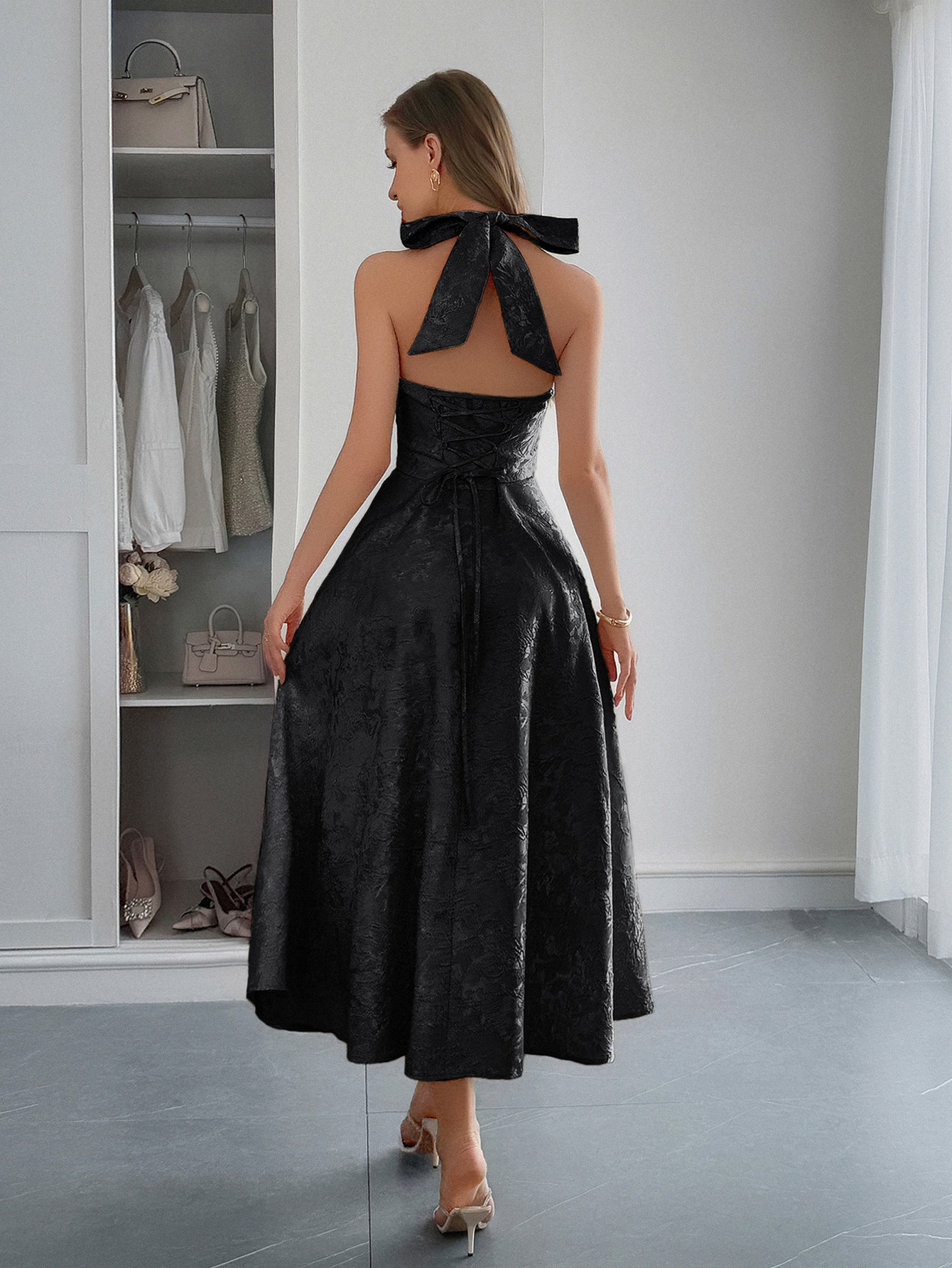 Women's Halter Neck Long Dress Waist Belted French Resort Style Spring Summer Clothing_ecoleips.com