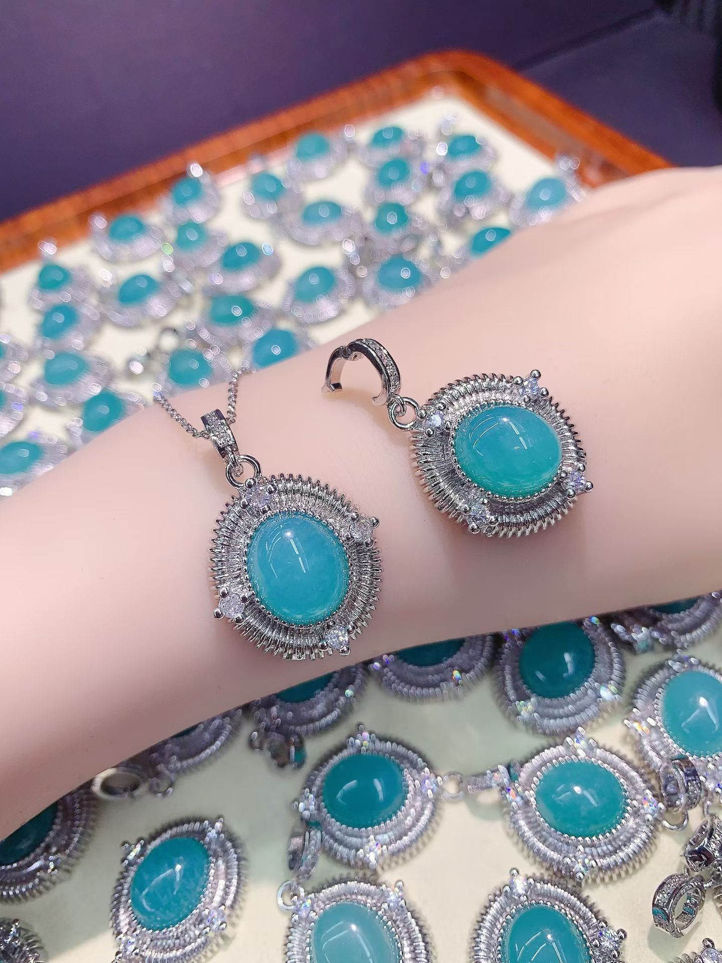 Wholesale natural amazonite cabochon pendant, elegant and luxurious French style, versatile, sweet potato-themed, best-selling, factory direct sales.