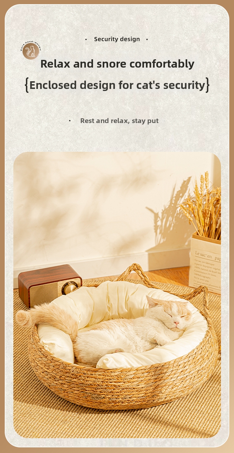Woven Rattan Cat Bed With Cushion, Washable Scratching Mat_voghion.com