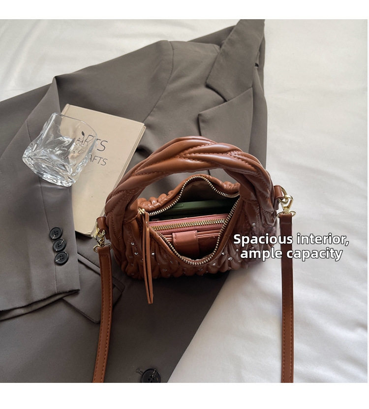 Borsa a tracolla da donna dal design plissettato alla moda con decorazioni di strass, borsa a tracolla casual di tendenza._voghion.com