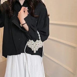 Fashion Cute Imitation Pearl Woven Hollow Heart Women's Chain Small Square Bag 24 Spring New Shoulder Crossbody Bag