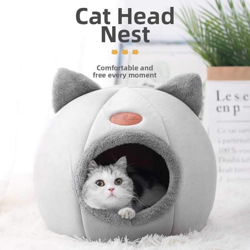 Panier rond fermé doublé en polaire pour chat et chien, mignon, confortable et chaud pour l'hiver_voghion.com