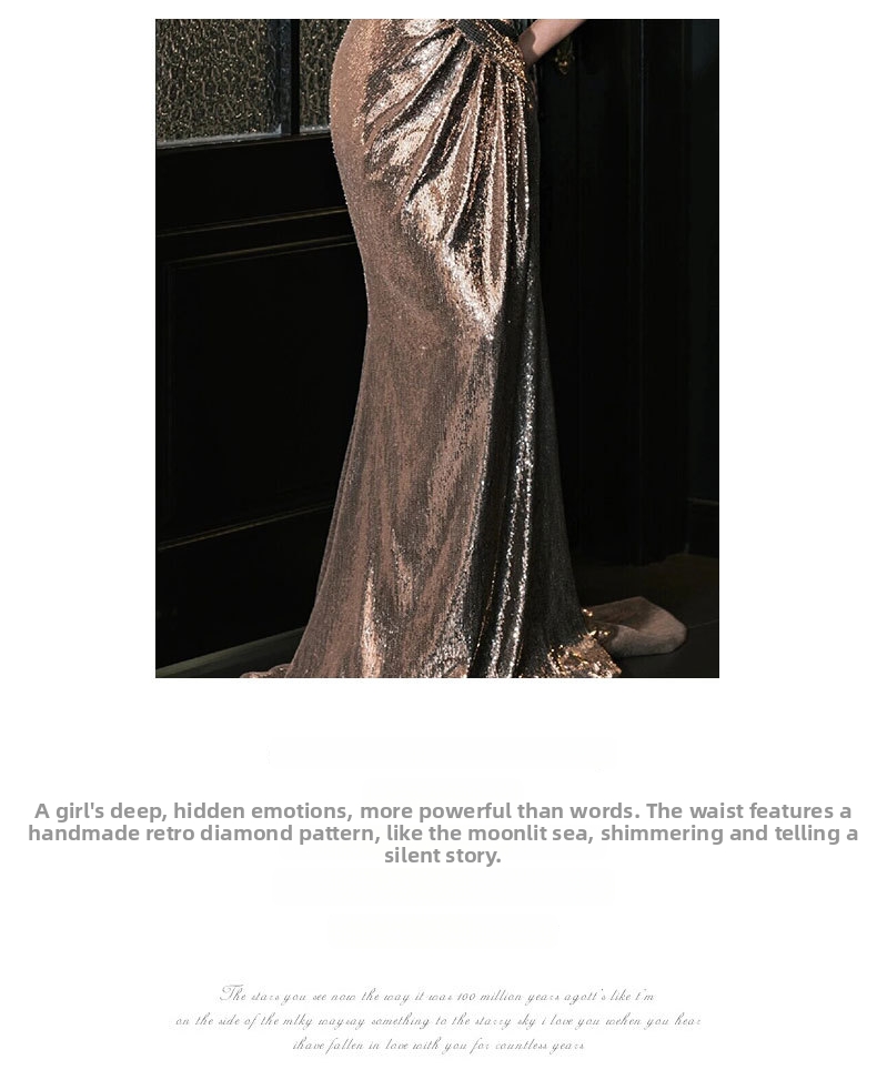 Robe de soirée sirène élégante à sequins dorés épaule dénudée_voghion.com