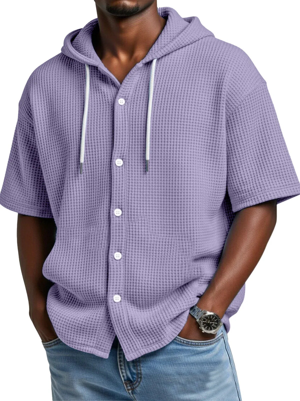 Men's Waffle Knit Hooded Short Sleeve T-Shirt - Casual Loungewear, Streetwear Essential, Soft Breathable Fabric, Relaxed Fit For Spring Summer Autumn_viptrois.com