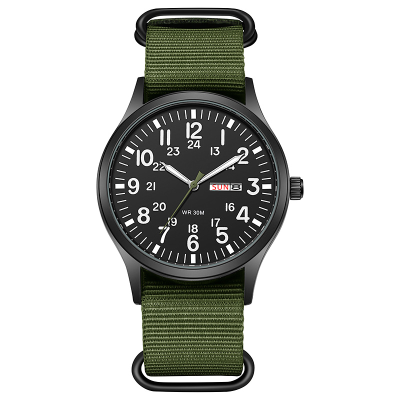 Popular Casual Woven Nylon Strap Men's Watch Outdoor Sports Full Luminous Dual Calendar Military Watch Wholesale