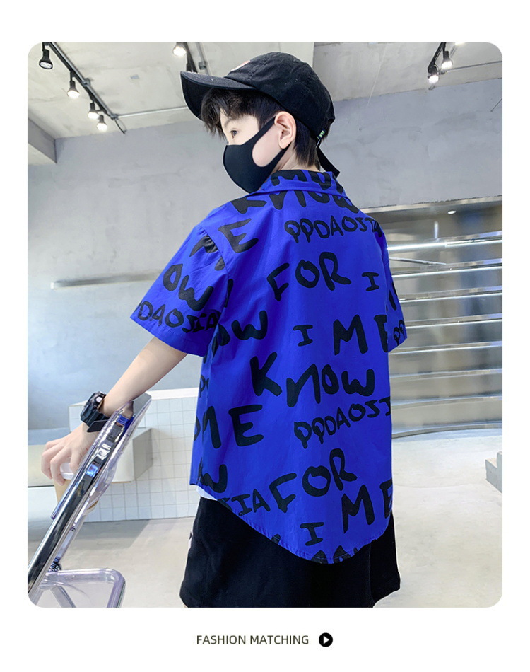 Chemise d'été à manches courtes pour garçons, imprimé de lettres coréennes, tailles moyennes et grandes_voghion.com
