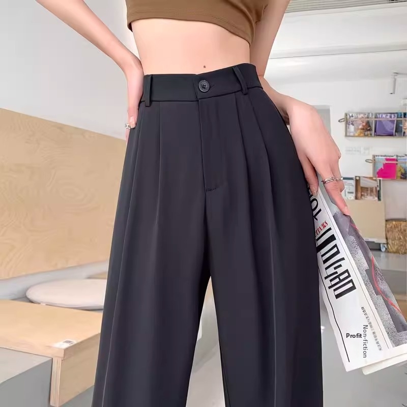 Women's Ice Silk Wide Leg Casual Pants High Waist Flowing Straight Leg Suit Loose Floor Length Trousers Summer New Style_ecoleips.com