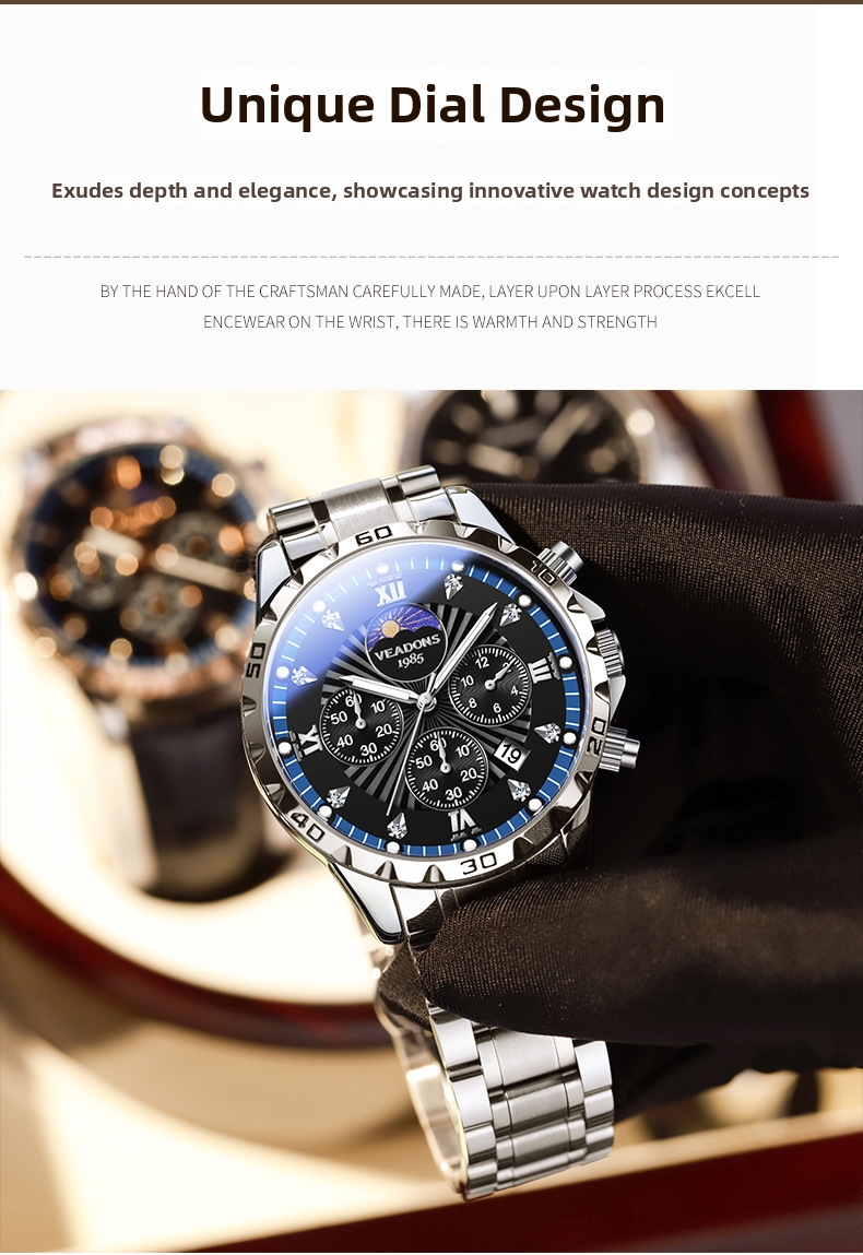 Herren Business Quarzuhr Mit Mondphase Und Chronograph_voghion.com