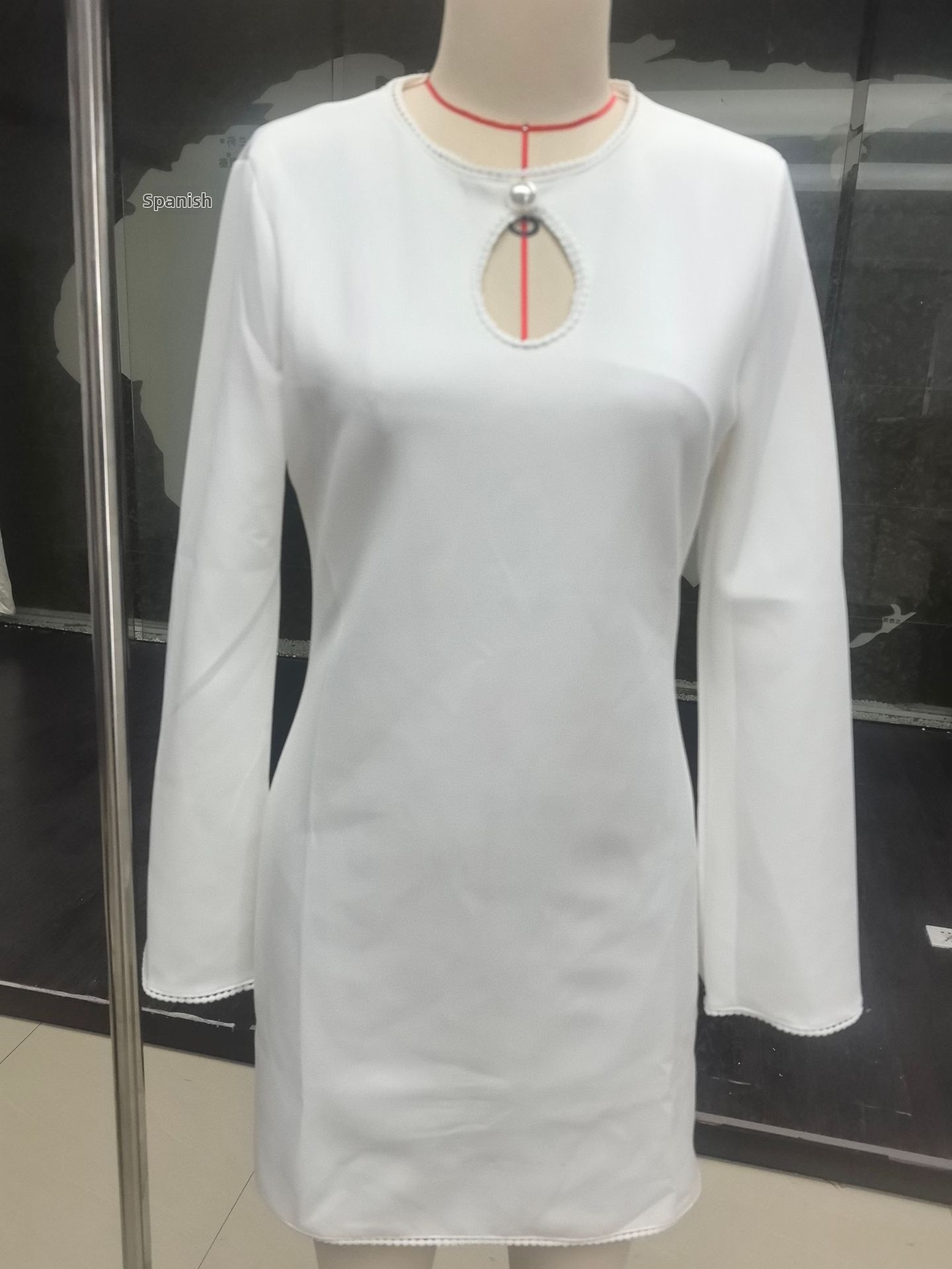 Women's Clothing French Elegance Slim Fit Dress With Pearl Embellished Hollowed Out Neckline Spring Autumn Solid Color Long Sleeves Short Skirt_ecoleips.com