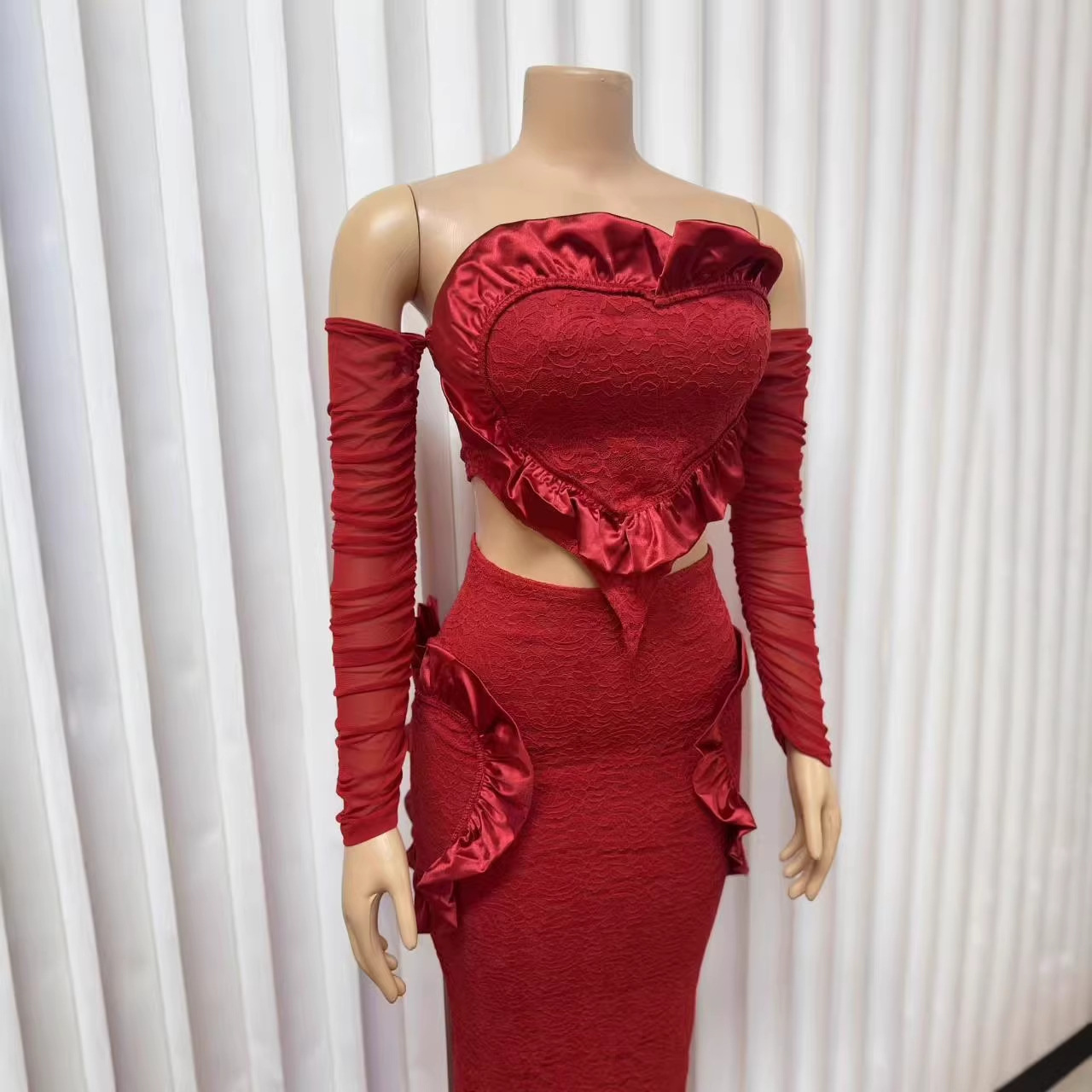 Women's Mesh Long Sleeve Off-Shoulder Top With Bodycon Skirt Set, Elegant Sexy Two-Piece Outfit For Evening Party_voghion.com