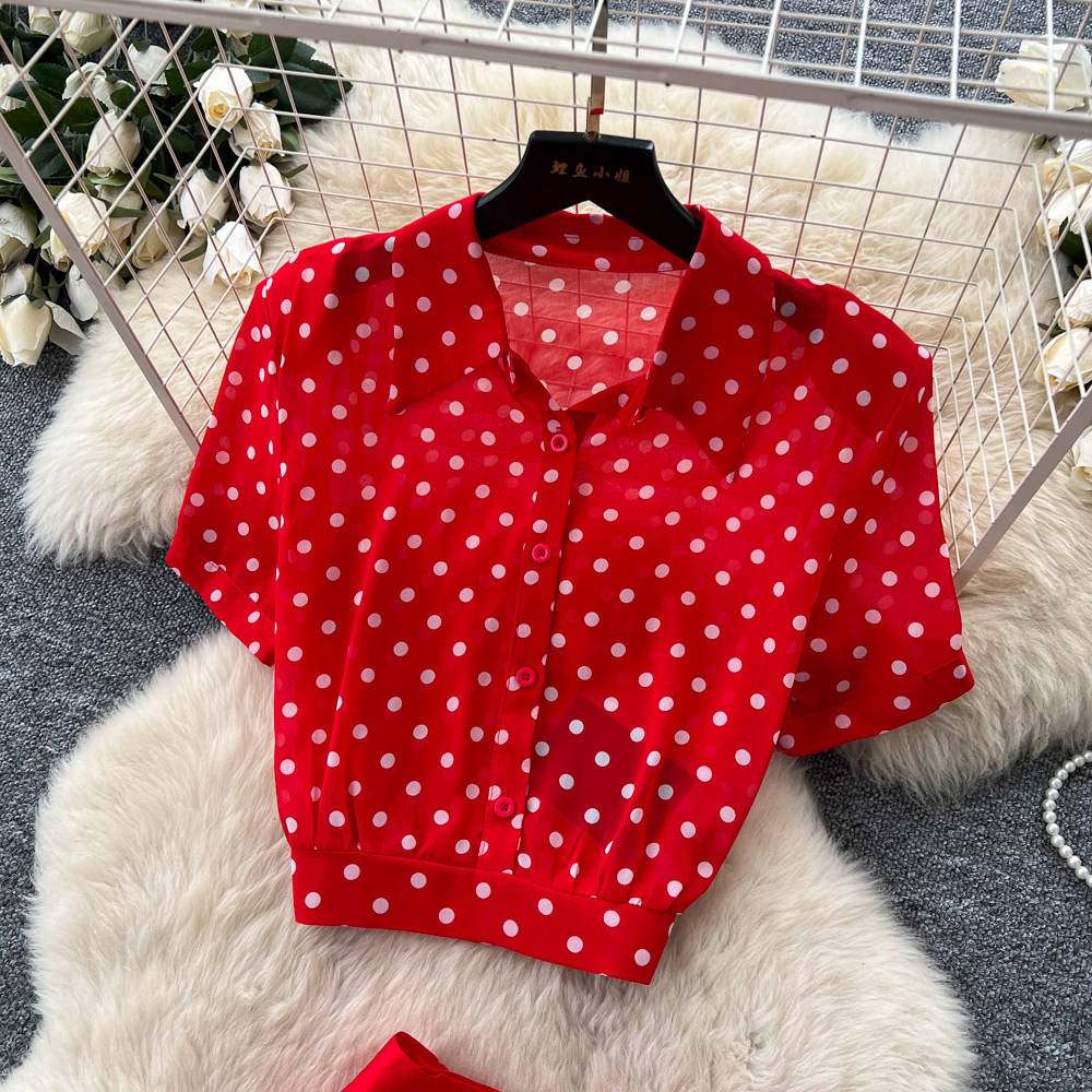 Women's French Style High Waist Polka Dot Two Piece Set Red Slimming Elegant Workwear for Spring And Autumn_ecoleips.com