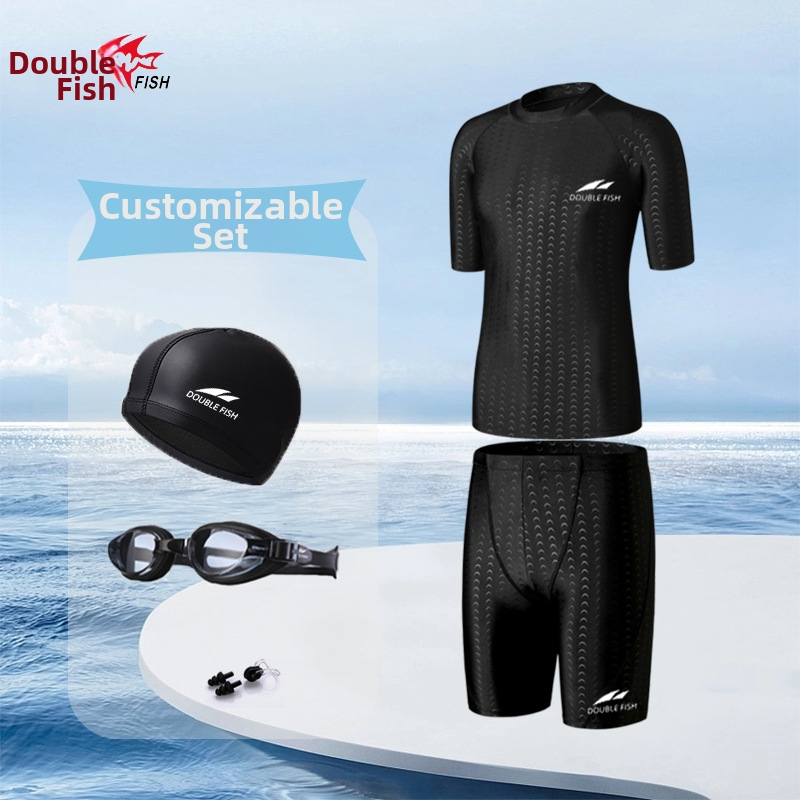 Pisces Men's Faux Shark Swimsuit Quick Drying Anti Embarrassment Sun Protection Square Angle Swim Trunks Plus Size 5 Point Professional Swimming Set_voghion.com