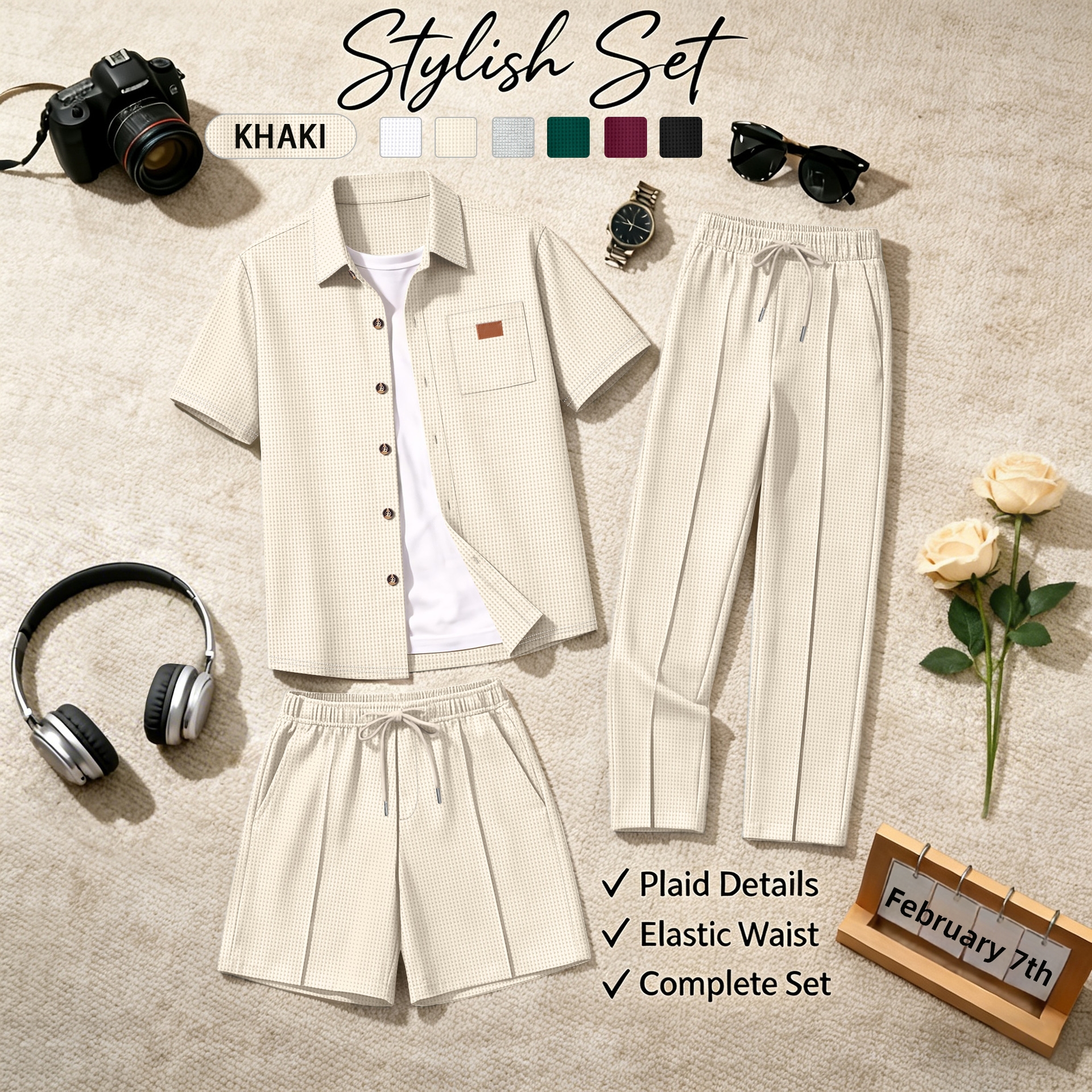 Herren Waffelstrick Dreiteiler Set Für Sommer Und Frühling_voghion.com