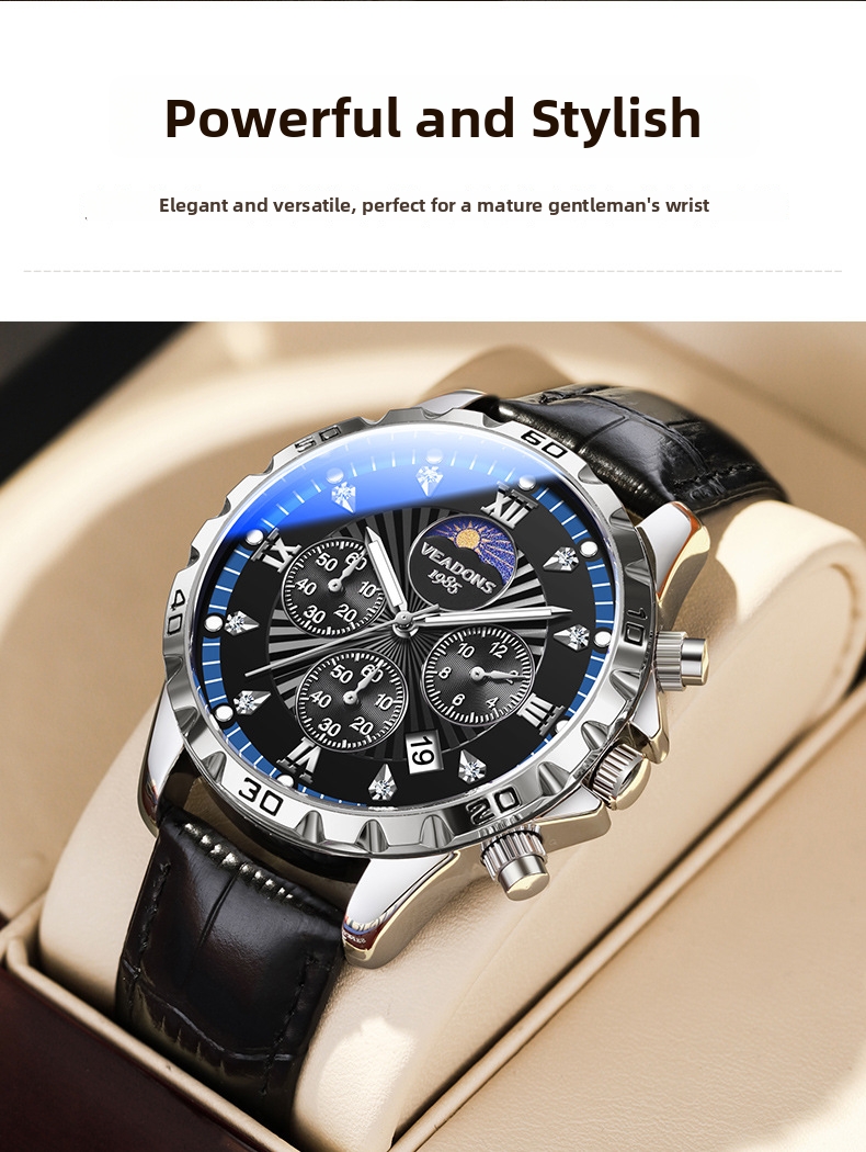 Herren Business Quarzuhr Mit Mondphase Und Chronograph_voghion.com