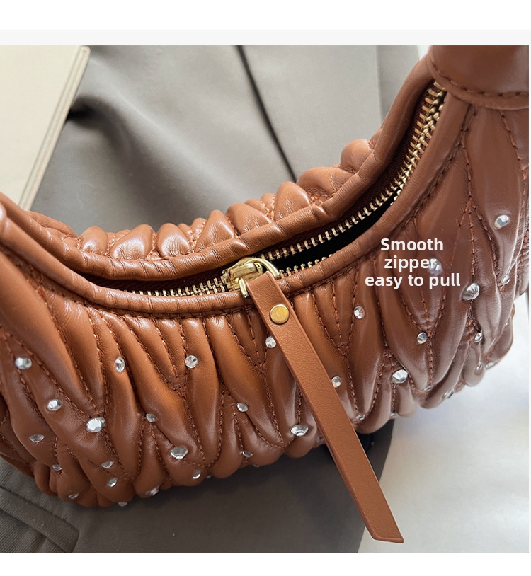 Borsa a tracolla da donna dal design plissettato alla moda con decorazioni di strass, borsa a tracolla casual di tendenza._voghion.com