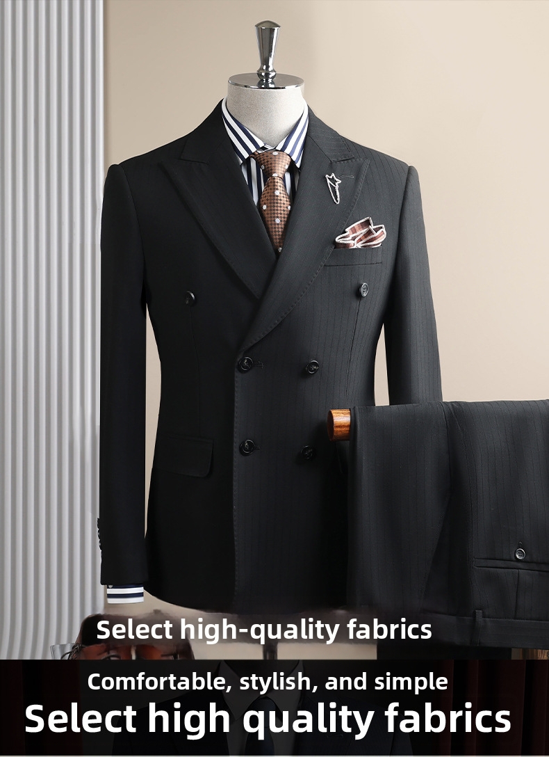 Men's Double-breasted Three-piece Suit Formal Wedding Stripe Suit_voghion.com