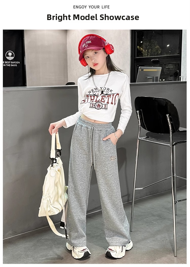 Mädchen Locker Geschnittene Freizeithose Wide Leg Sporthose_voghion.com