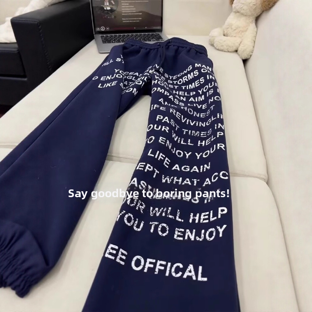 Herren-Jogginghose in Marineblau, Retro-Stil, trendiger Marken-Buchstabenprint, lässige Hose mit geradem Bein_voghion.com