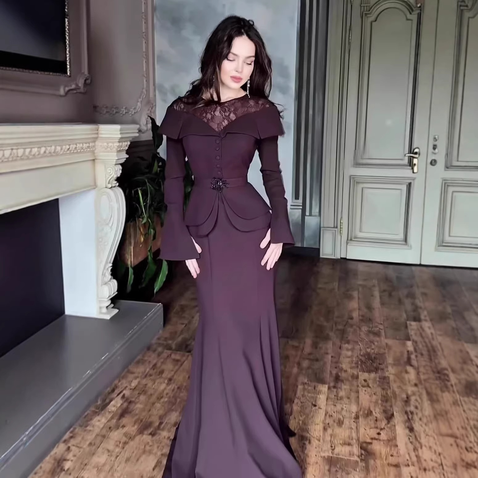 Women's Clothing Elegant Slimming Long Dress Modest Abaya Dress Lace Trimmed Style Women's Clothing Fashion_voghion.com