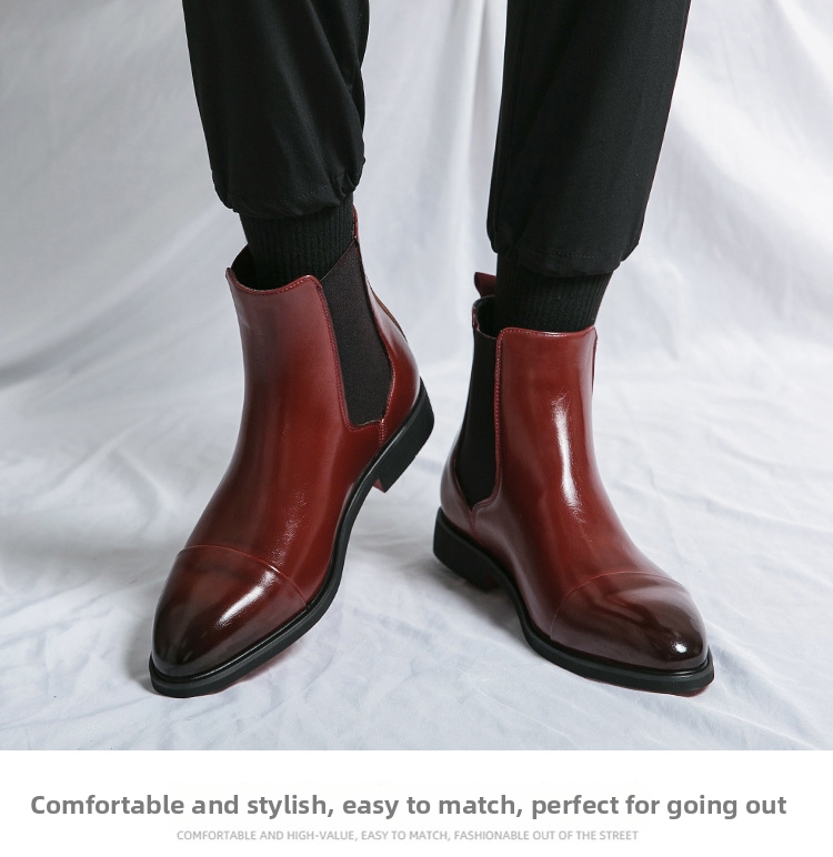 plus Size Men's High Top Leather Boots Pointed Toe Slip-On Autumn Winter Martin Chelsea Boots with Red Sole British Casual_vogvips.com