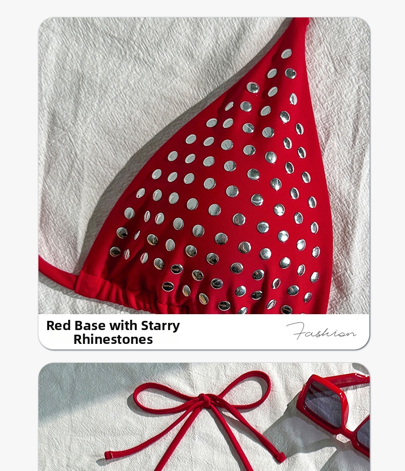 Women's Clothing Women's Sexy Rhinestone Bikini Two Piece Solid Color Strappy Swimsuit Style For Beach Vacation_ecoleips.com