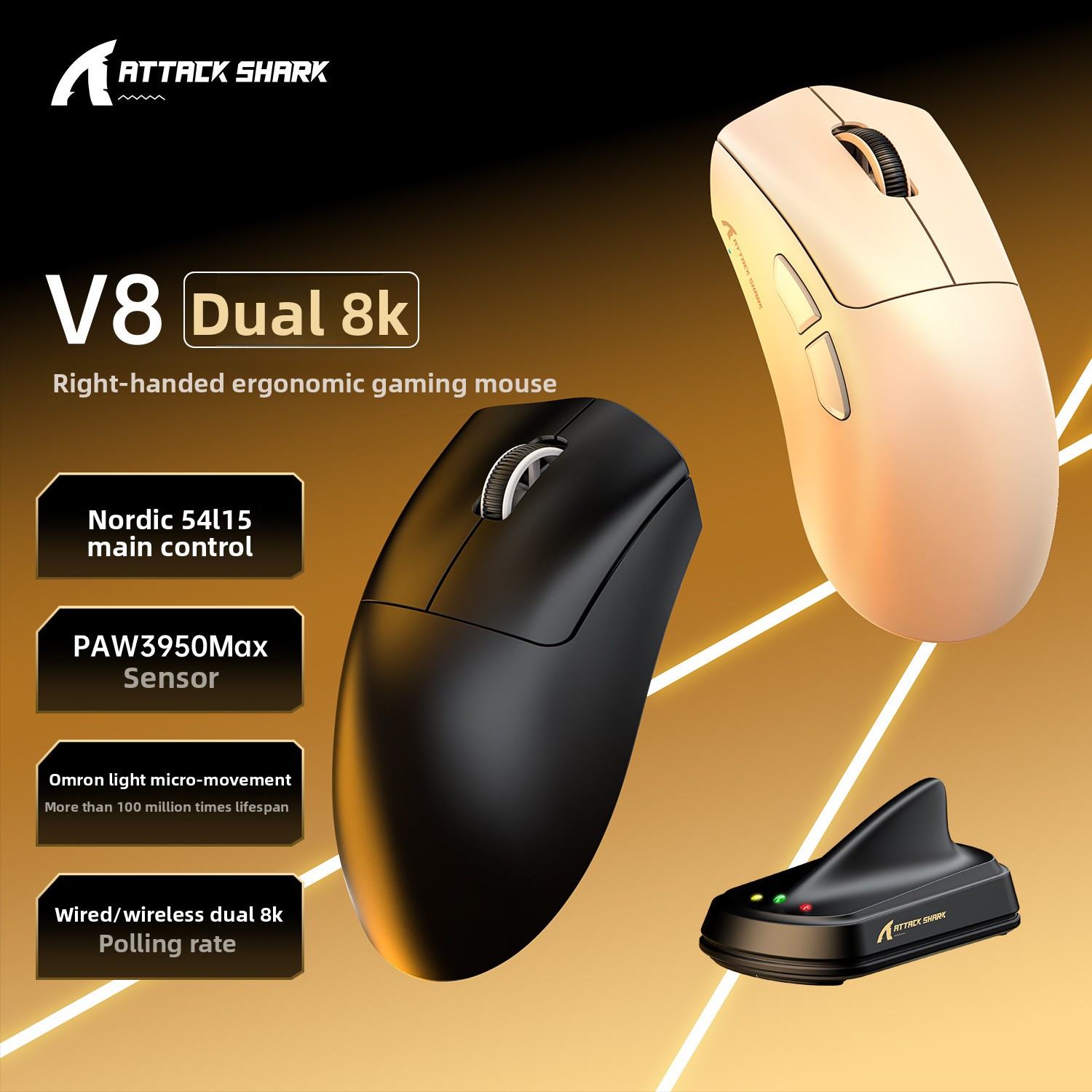 ATTACK SHARK Mouse wireless Attack Shark V8, leggero PAW3950, giochi, The Third Mock Examination, 8K_voghion.com