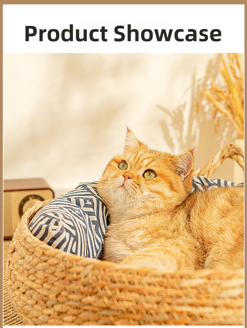 Woven Rattan Cat Bed With Cushion, Washable Scratching Mat_voghion.com