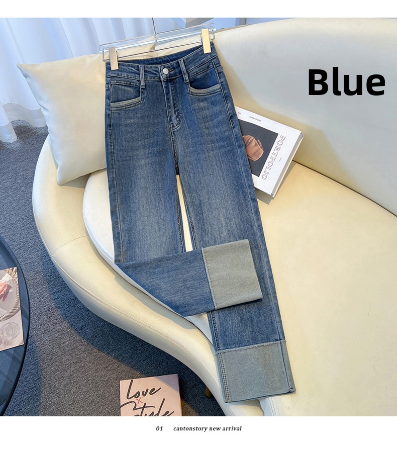 Women's Slim Fit Straight Leg Jeans Stretchy Cuffed Cropped Baguette Pants Spring Autumn Popular Style_mkmklike.com