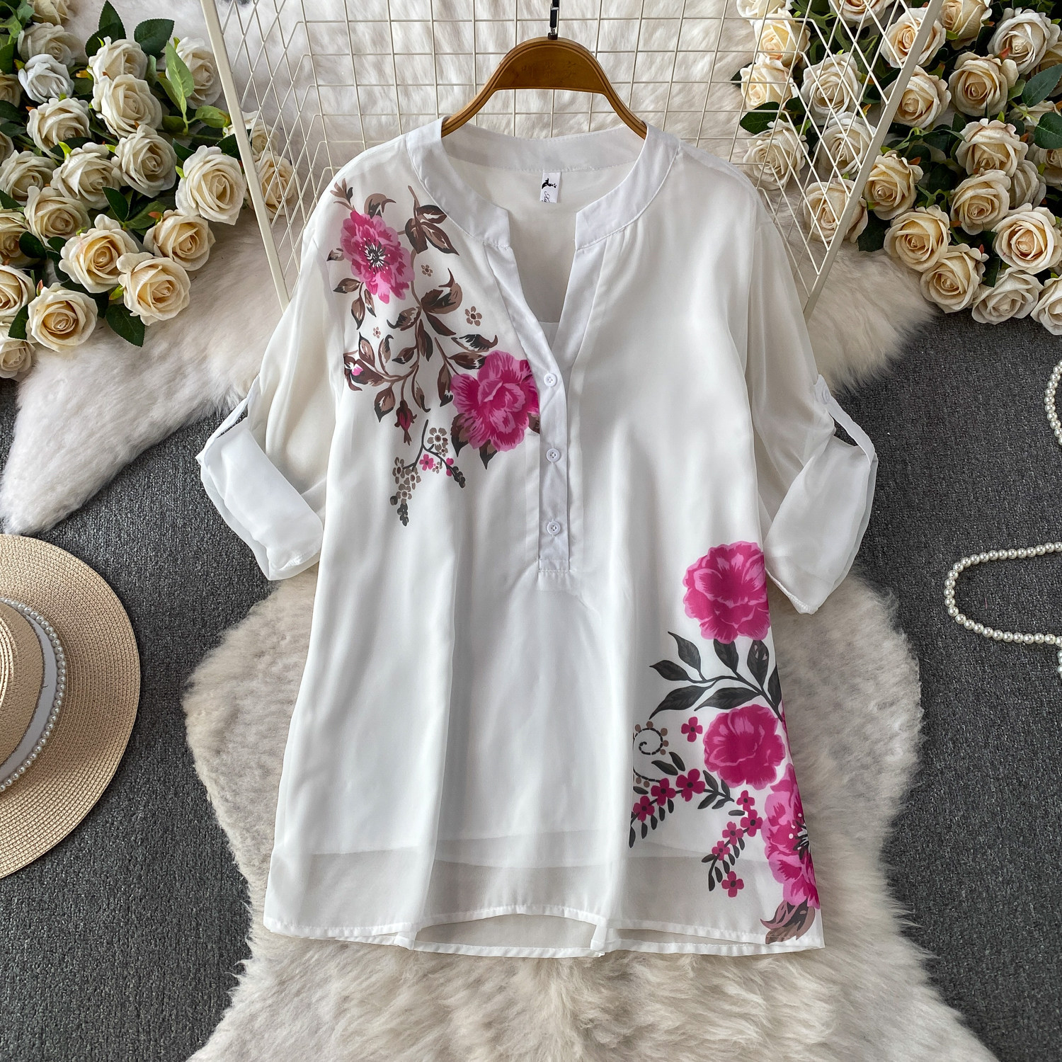Women's French Style Printed Shirt V Neck Single Breasted Loose Chiffon Top Breathable Casual Two Piece Set_ecoleips.com
