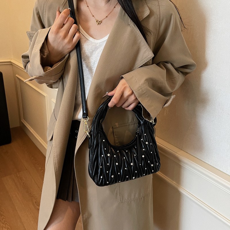 Inspired Women's Shoulder Bag Fashionable Pleated Design With Rhinestone Embellishments Trendy Crossbody Casual Handbag_voghion.com