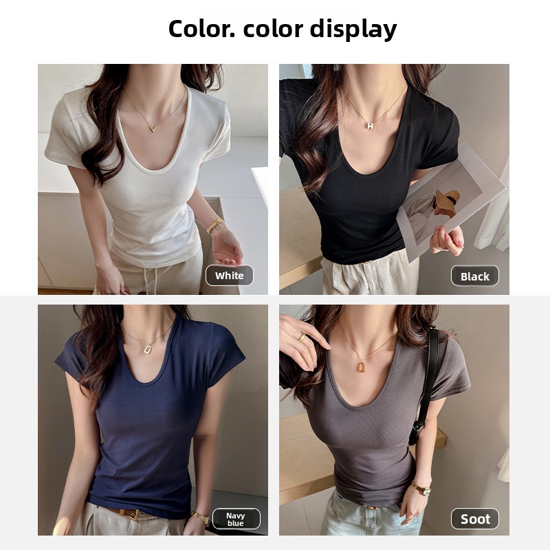 Front Shoulder U Neck Short Sleeve T-shirt Women's Summer Fashion Versatile Basic Spice Girl Bottoming Shirt Inner Top High Sense_ecoleips.com