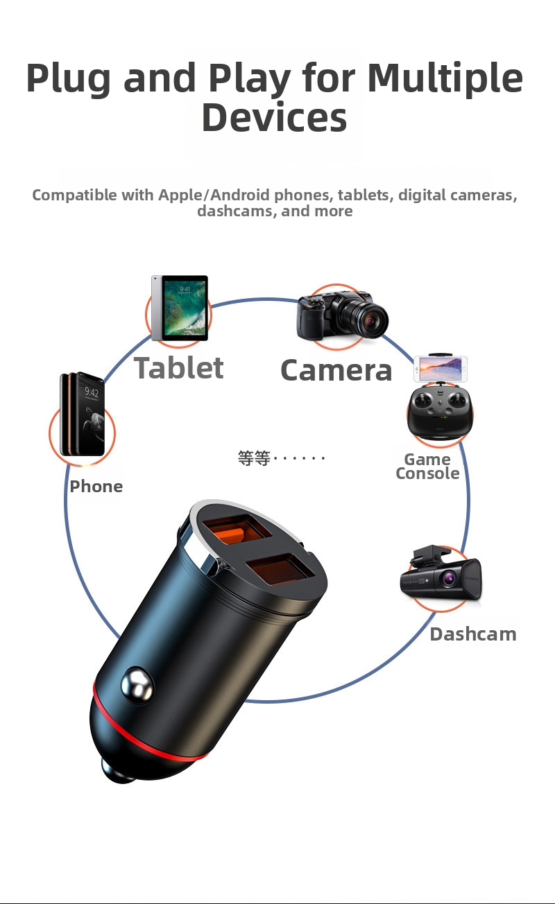 Nuovo caricabatteria da auto con anello di trazione, doppio USB, ricarica rapida, multifunzionale, accendisigari, mini accessorio di ricarica flash nascosto da 200 W_voghion.com