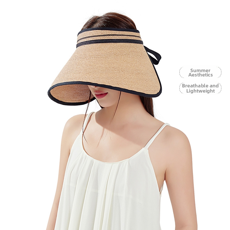 Sommer-Strohhut für Damen mit UV-Schutz, breiter Krempe, Gesichtsbedeckung, offenem Dach, maßgefertigt, Sonnenschutz, Outdoor-Hut_voghion.com