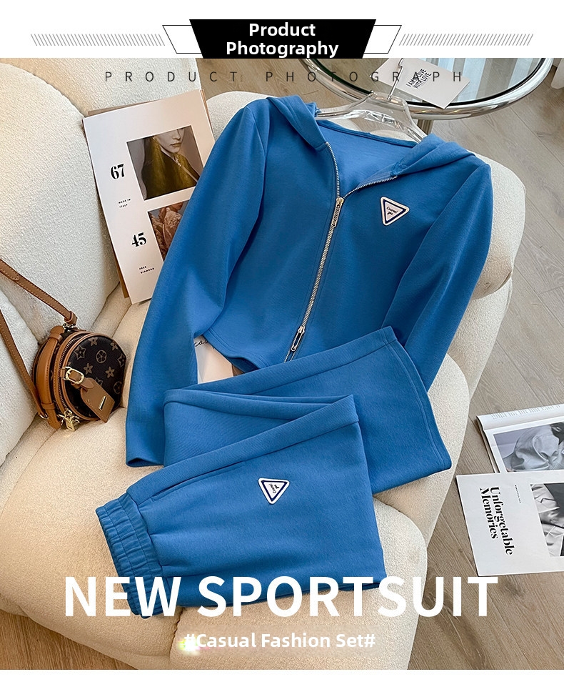 Women's Striking Blue Two Piece Set Hooded Jacket Long Sleeved Top Wide Leg Pants Casual Sporty Outfit Spring Style_ecoleips.com