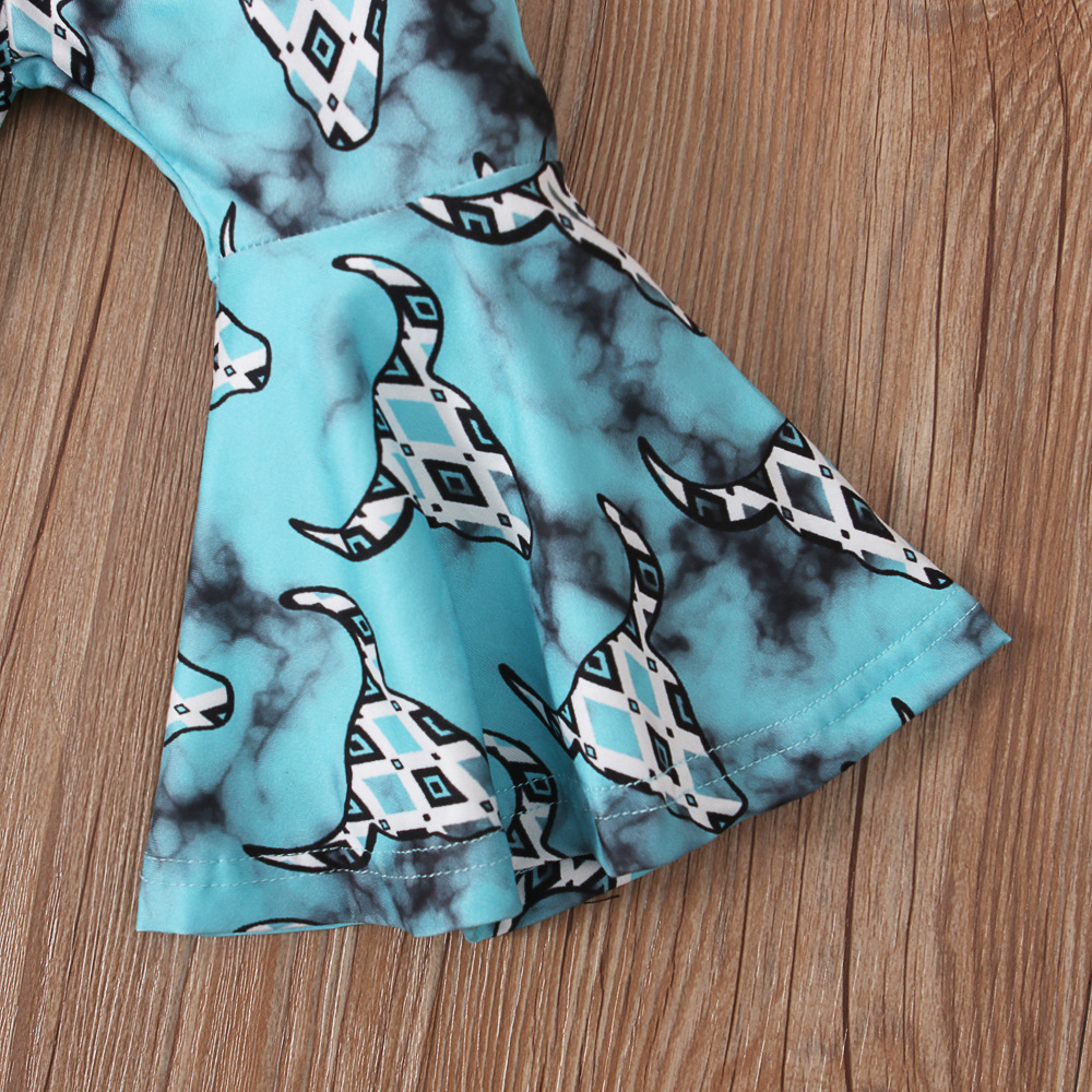 Girls Summer Two-Piece Set Turquoise Print Top With Flared Pants Short Sleeve Cotton Polyester Clothing For Ages 3-7_voghion.com