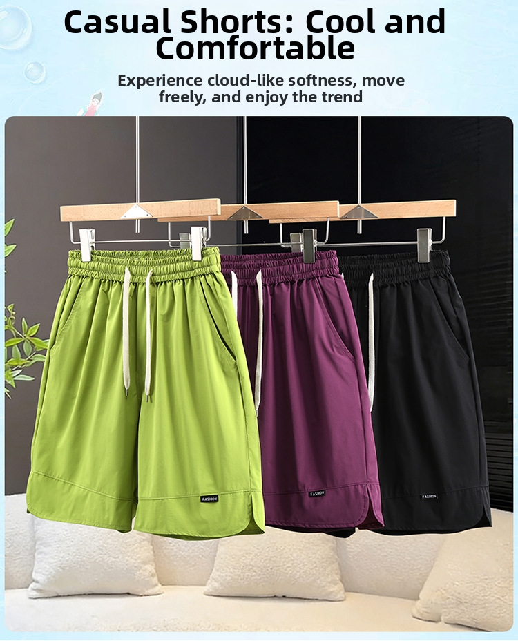 Men's Summer Trendy Solid Color Straight Leg Shorts Style Thin Loose Casual Beach Five Point Pants_viptrois.com