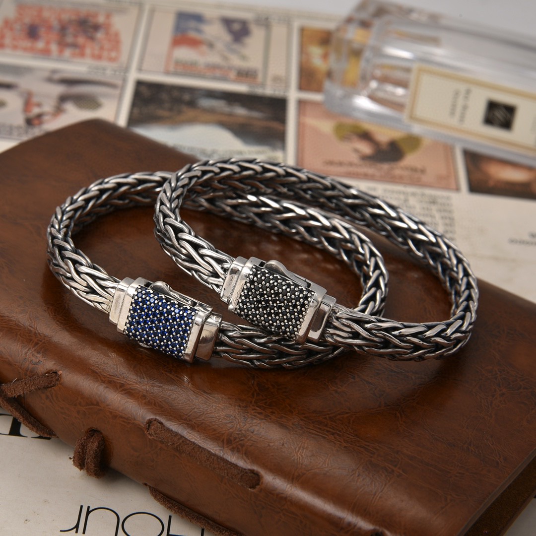 批发925纯银手链男蓝黑钻复古时尚泰银潮纯手工编织银饰男友礼物