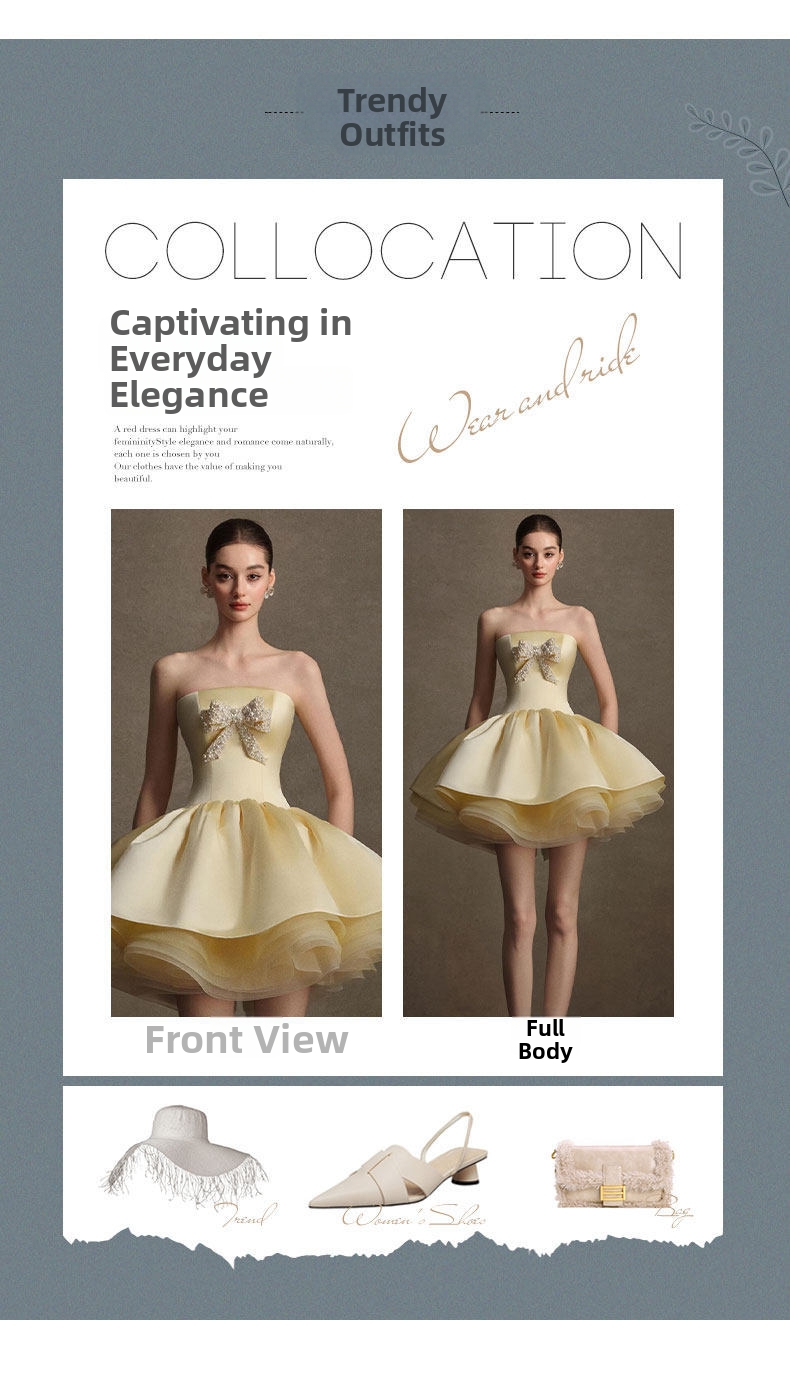 Petite Strapless Evening Gown French Style Bridal Toast Dress Elegant Short Princess Wedding Party Wear for Women_ecoleips.com