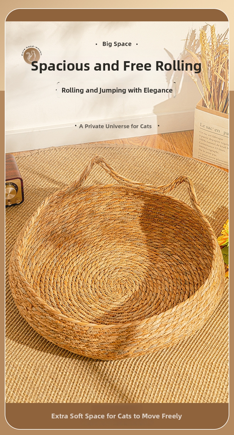 Woven Rattan Cat Bed With Cushion, Washable Scratching Mat_voghion.com