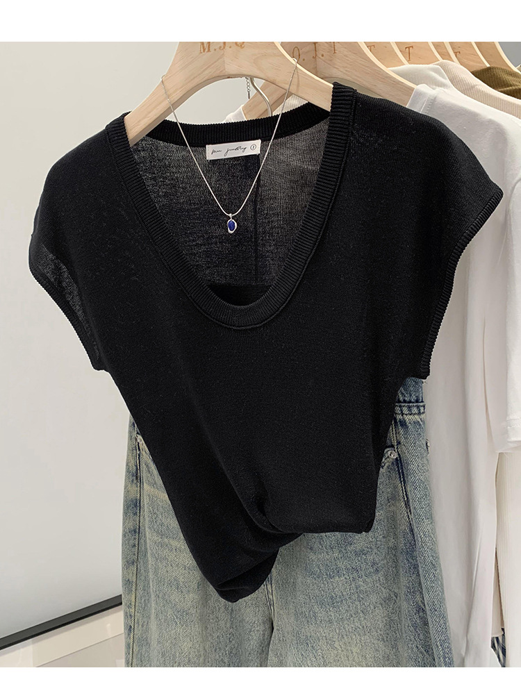 Pull femme manches courtes col u coupe décontractée t-shirt_voghion.com