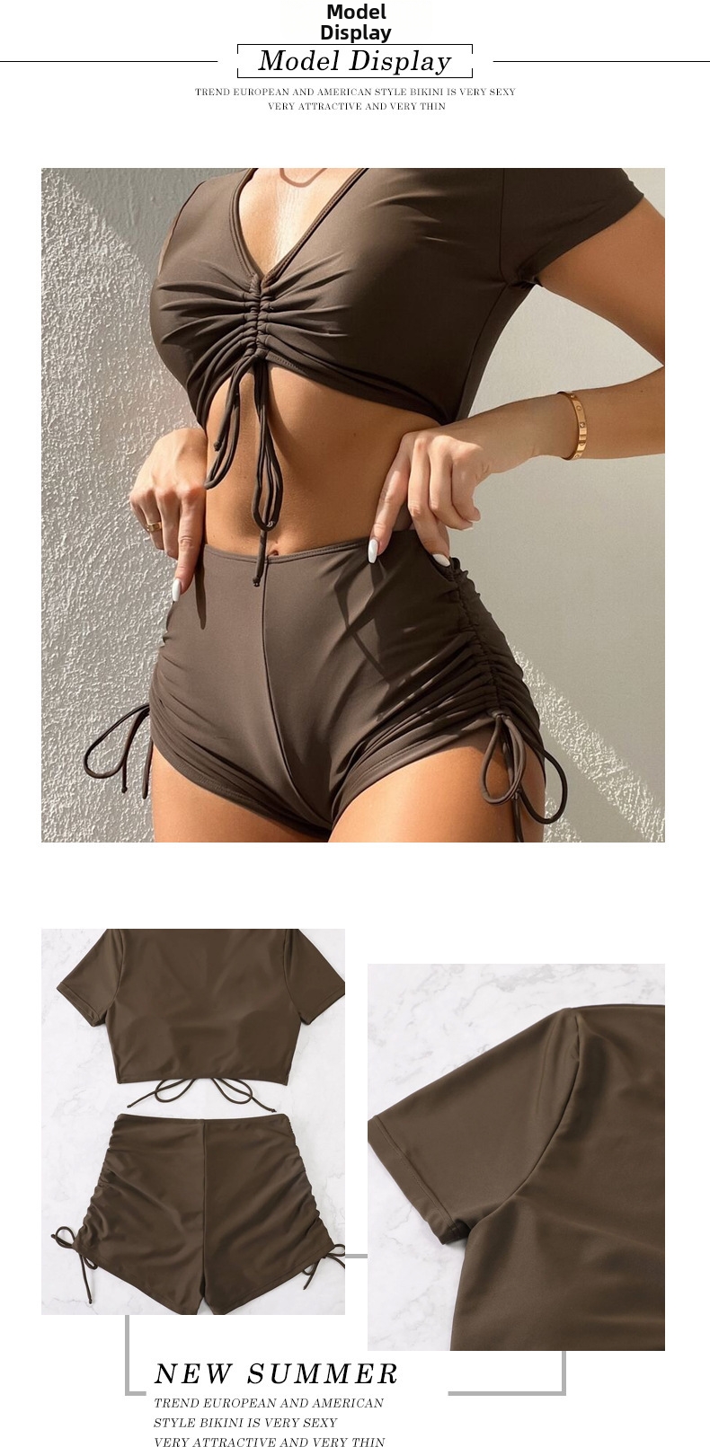Women's Drawstring V-Neck Short Sleeve Two-Piece Swimsuit Conservative Beach Bikini European American Style Hot Spring Swimwear 2026_ecoleips.com