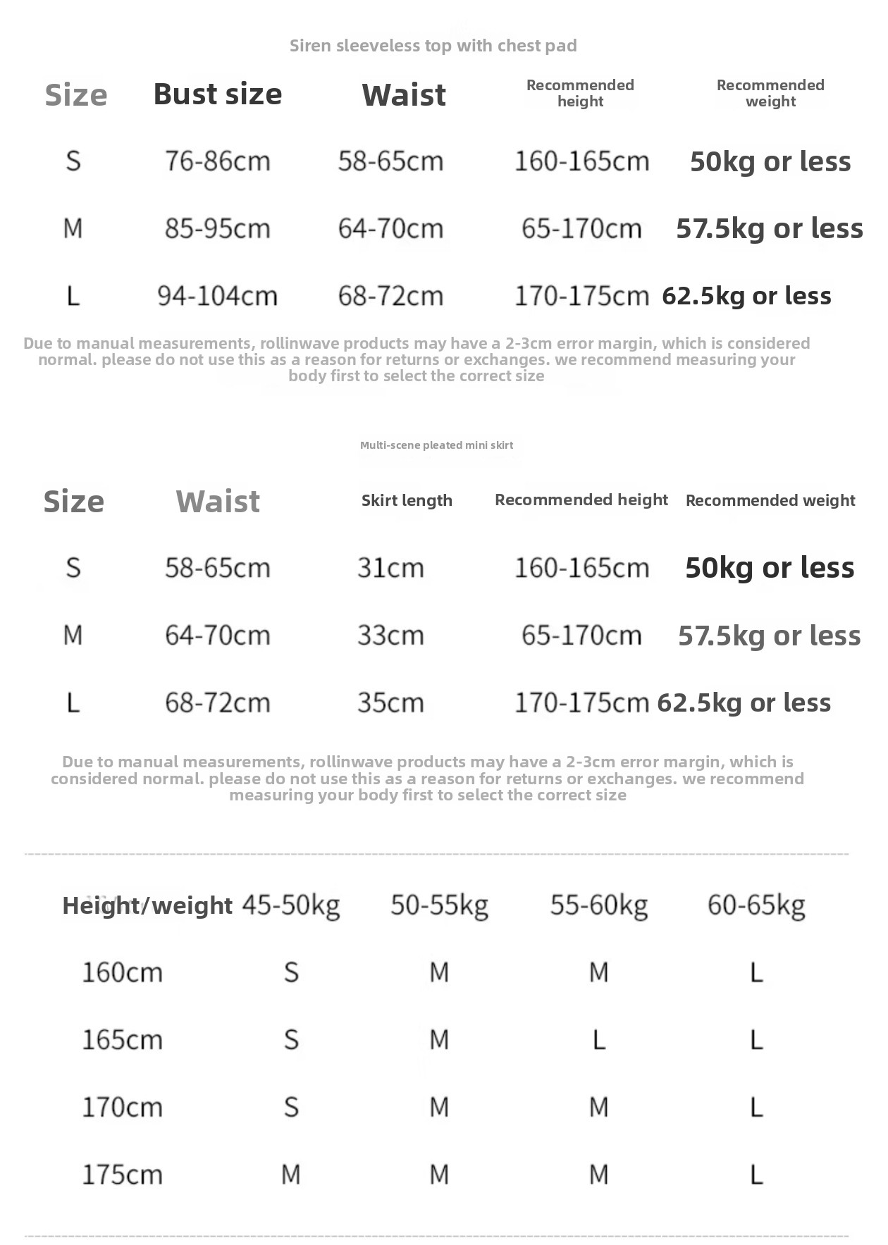 Women's sleeveless zip tennis top and double-layer pleated skirt size guide