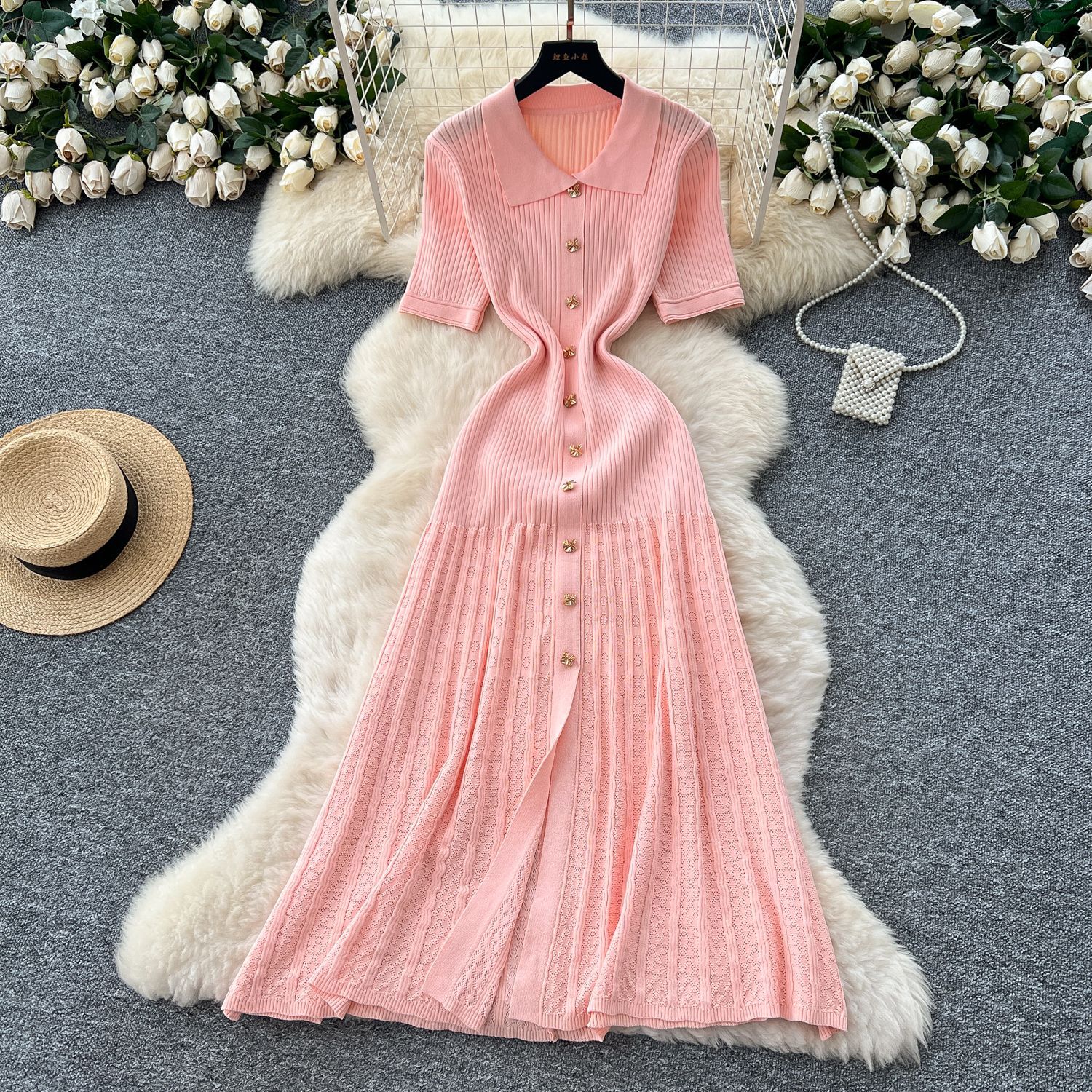 Women's French Retro Polo Collar Dress High End Waist Cinching Long Knit Metal Buckle Slim Fitting Short Sleeved_ecoleips.com