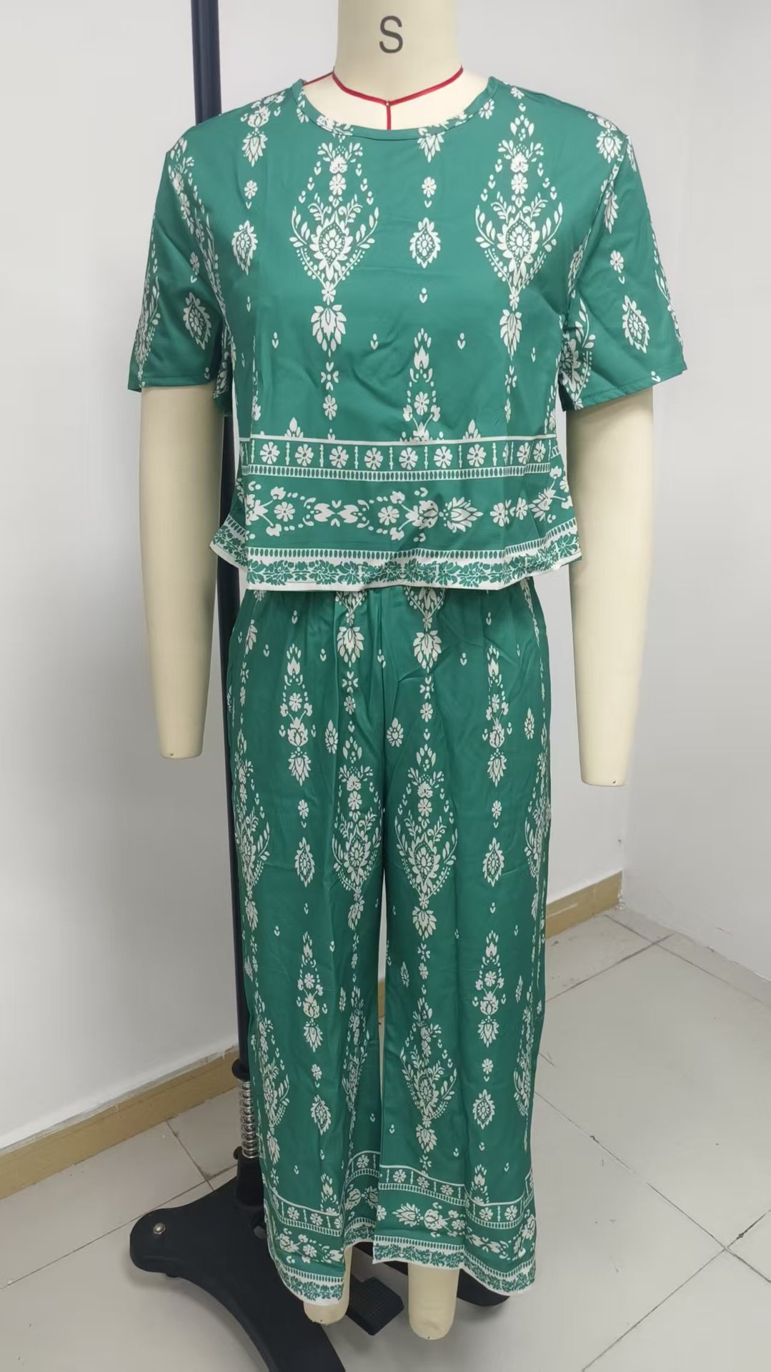 Damen Zweiteiler Set Mit Ethnischem Muster Kurzarm Elegant_voghion.com