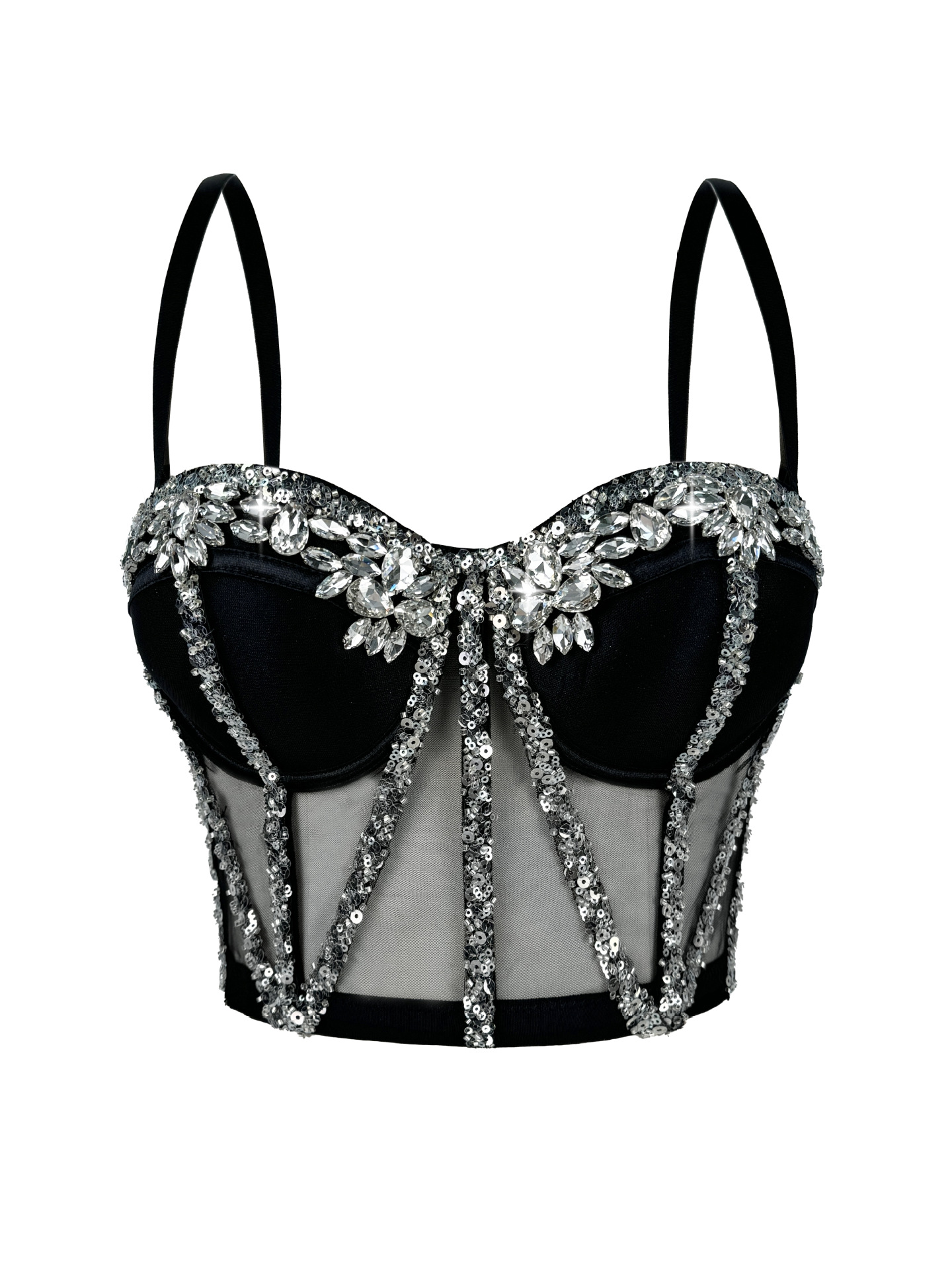 Sparkling Mesh Corset Top With Rhinestones - Sexy Bustier Lace Bralette For Women, Adjustable Straps, Bodycon Fit, Stage & Party Wear_voghion.com