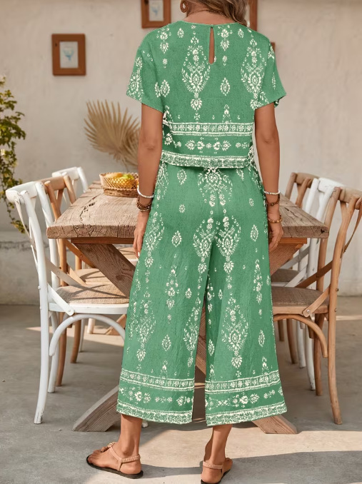 Damen Zweiteiler Set Mit Ethnischem Muster Kurzarm Elegant_voghion.com